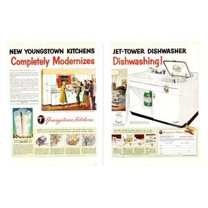 1951 Youngstown Kitchens Electric Sinks 2 Page Vintage Print Ad Dishwasher Art